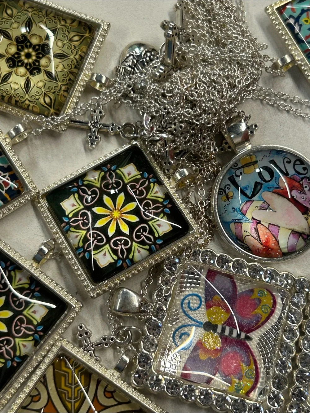 10 Silver tone Multi-Color Patterned Glass Pendant Necklaces